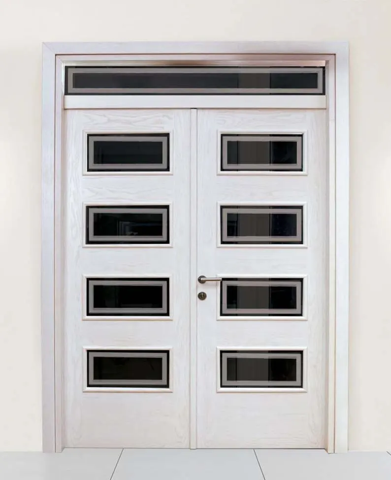 White double door with eight glass inserts and a transom