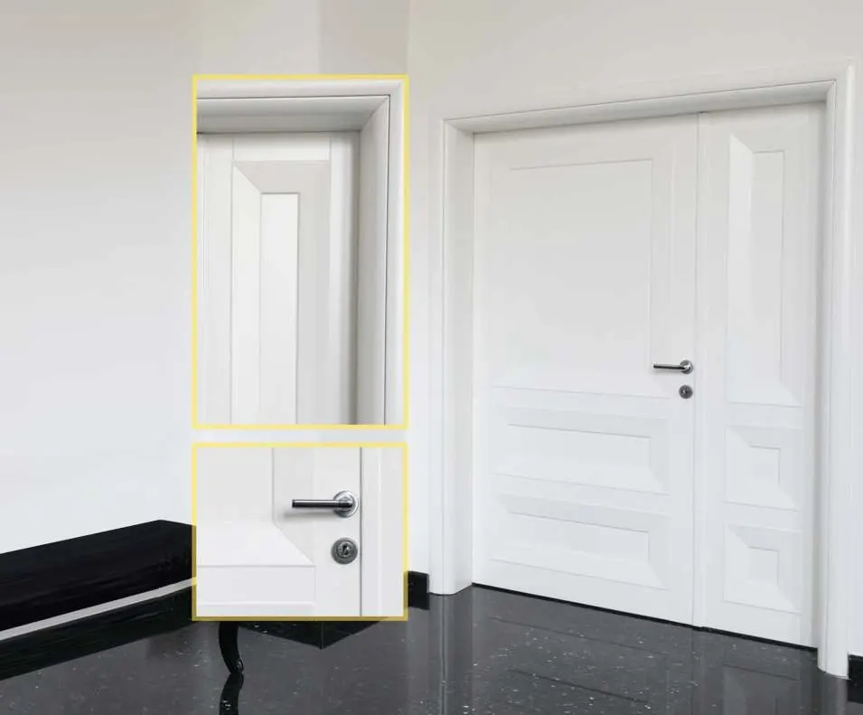 White double door with unequal leaves and inset details of the frame and handle