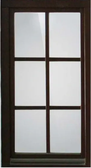 Wooden window with six lites in a dark brown finish, front view