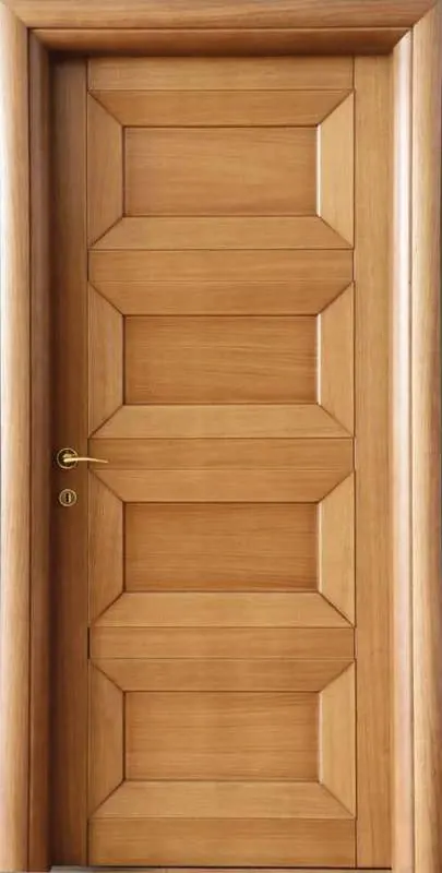 Honey-tone solid wood door with four horizontal bevelled panels, brass lever handle and rounded architrave