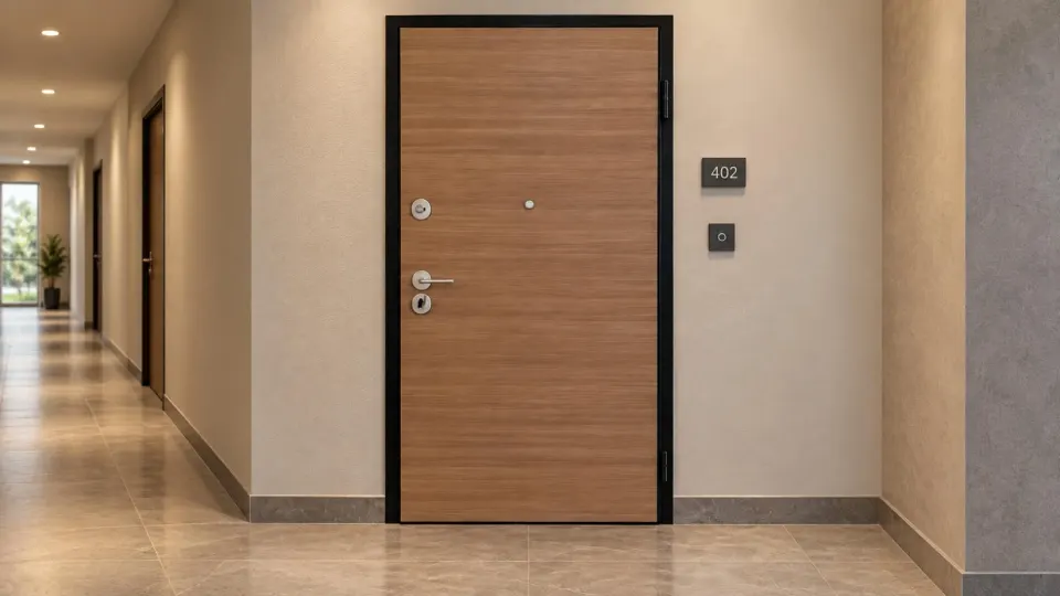 Entrance door in a light wood finish with a black metal frame, in an apartment building corridor