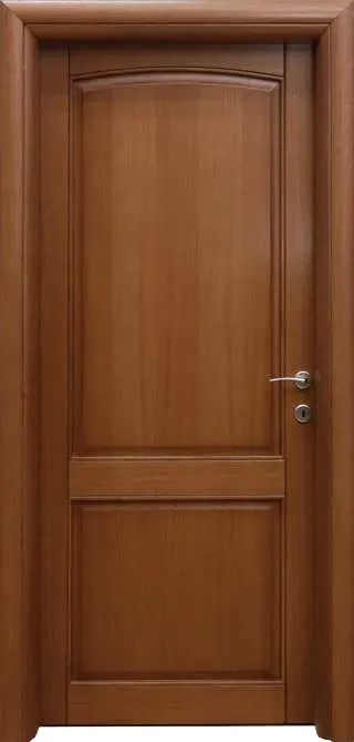 Solid wood door with an arched upper panel and a rectangular lower panel in a reddish-brown tone, rounded architrave