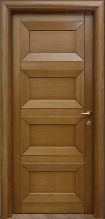 Golden-brown solid wood door with four horizontal bevelled panels and a brass lever handle
